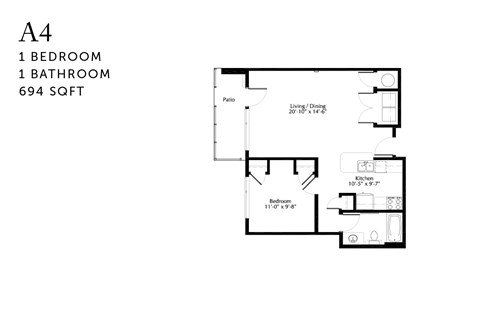 Floor plan for 1 bed, 1 bath, 694 sqft
